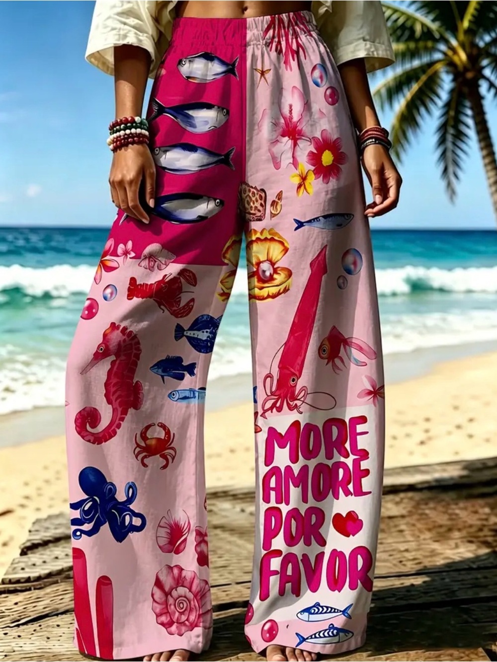 Tropical Sea Life Wide-Leg Pants - Pink
